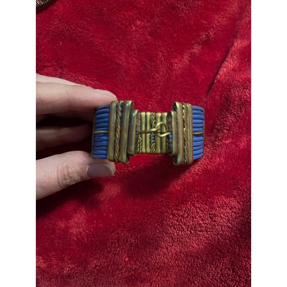 Vintage Alexis Kirk, blue, leather, and brass cuff bracelet - Picture 5 of 5